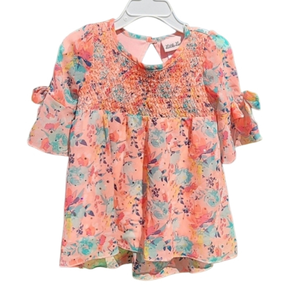 Girl's Little Lass Floral Smocked Top with Keyhole Back & Hi-low Hem